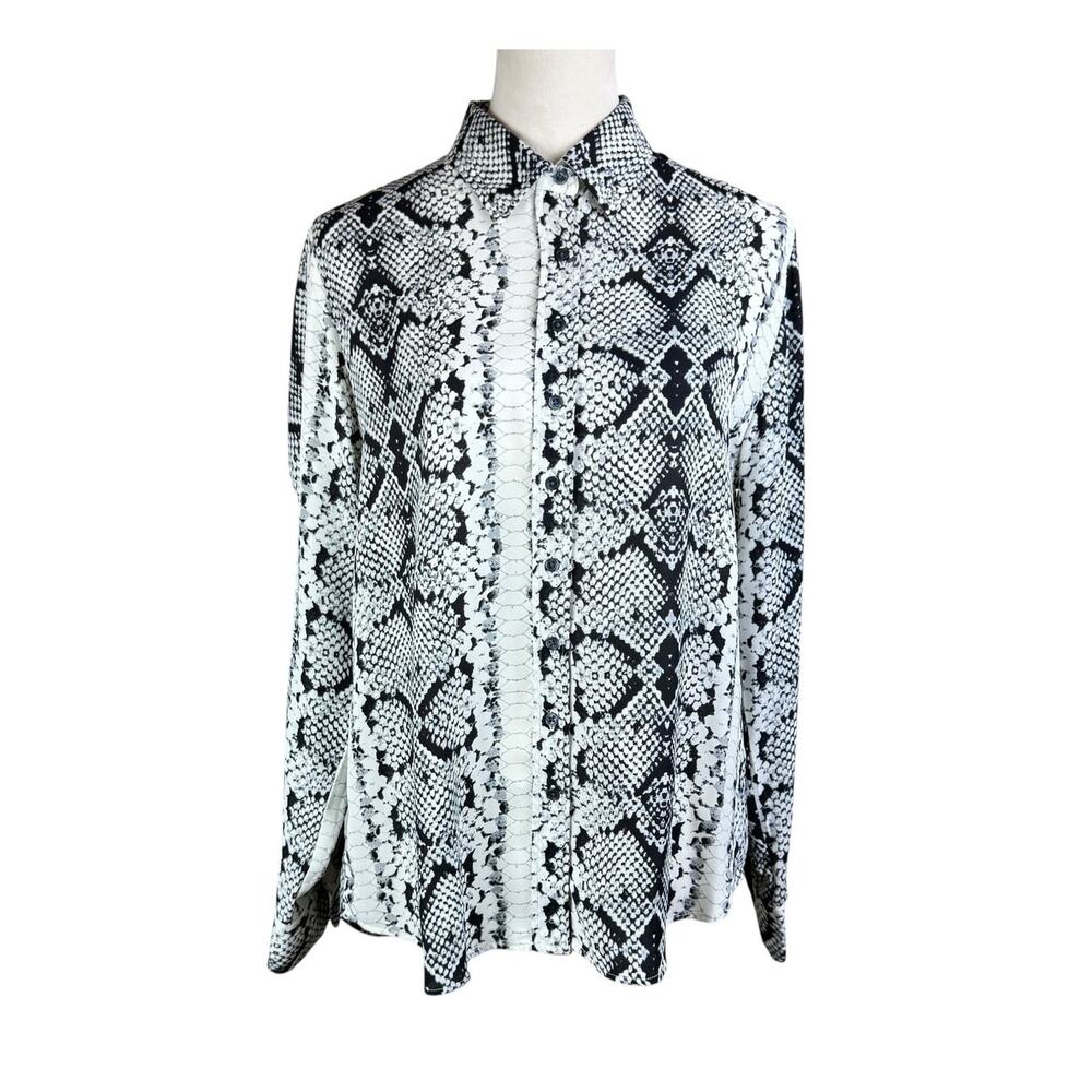 The Shirt Rochelle Behrens Black & White Snake Print Long Sleeve Button Blouse